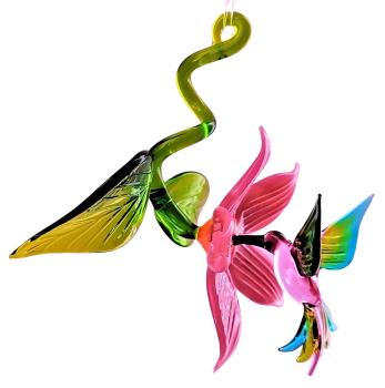 Kolibri in Blüte mit Blatt, hängend (Blüte: rosa/Kolibri: rosa-grün-hellblau)